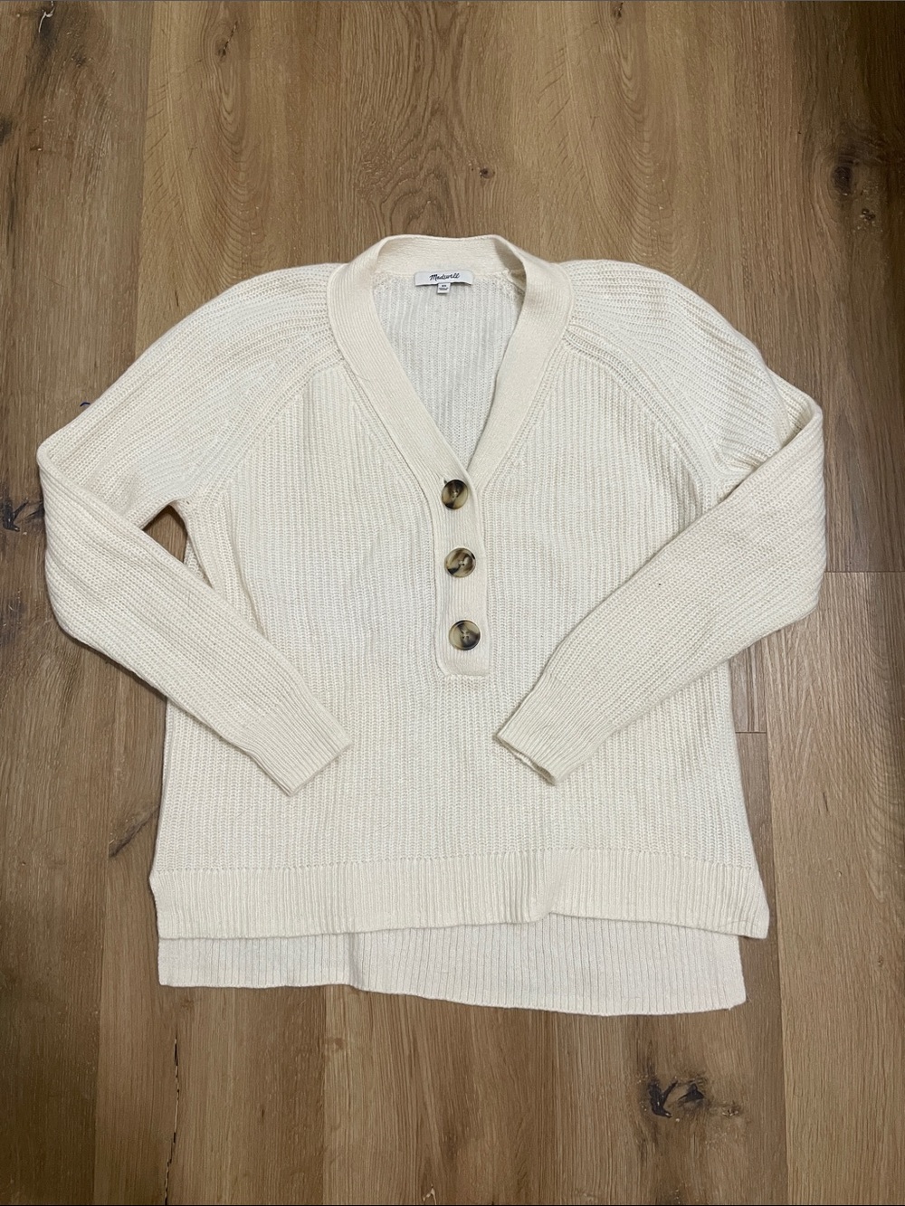 Madewell Merino Wool Cream V-Neck Button Pullover Sweater